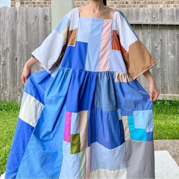 Handmade Quilted Patchwork Colorblock Dress SKU 06046 Blue Mixed - Picture 5 of 10